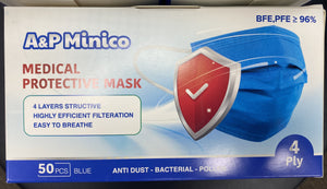
                  
                    A&P Disposable Blue Medical Face Mask 4 Ply Only : 2000 PCS ($0.26/PCS) : 40 Boxes of 50 PCS
                  
                
